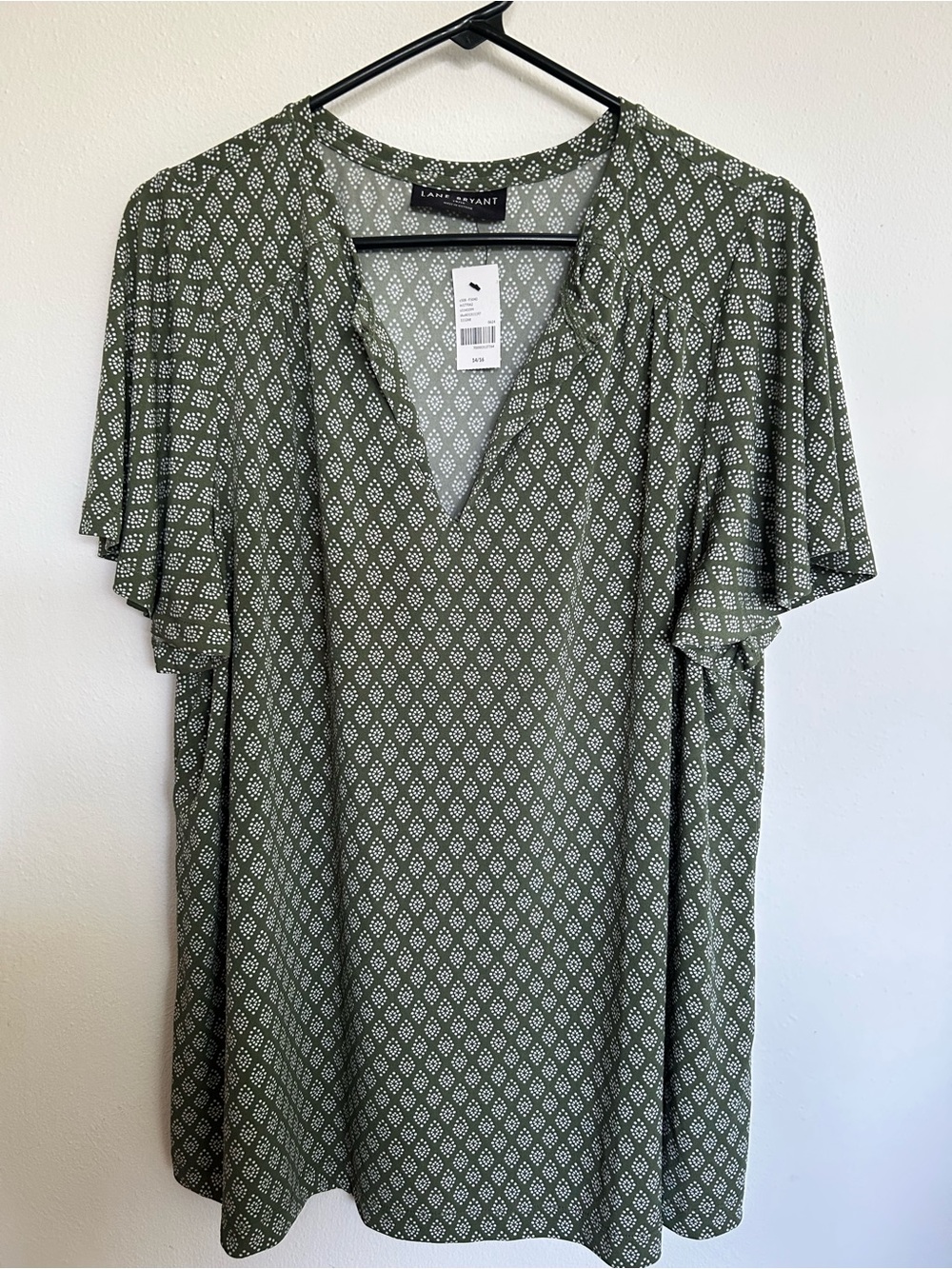 Lane Bryant Olive Green Geometric V-Neck Flutter Sleeve Tunic